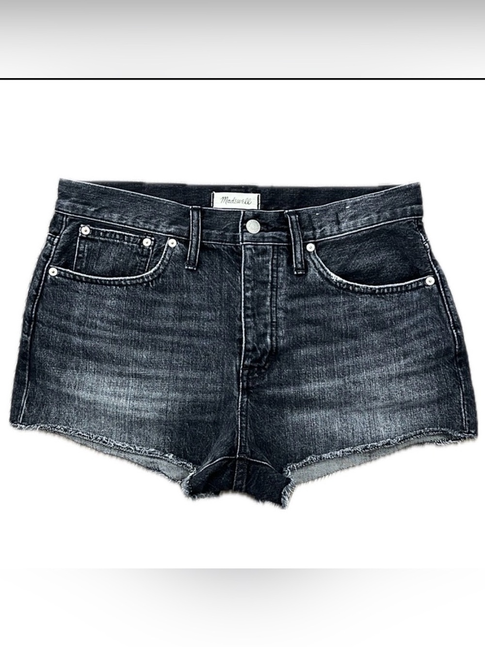Madewell Relaxed Denim Jean Shorts Faded Black Button Fly Raw Hem Sz 28 Casual